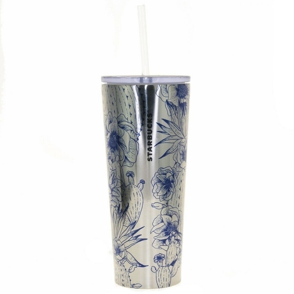 Starbucks Desert Blue Floral Cactus Stainless Steel Tumbler Cold Cup 16 Oz